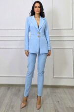 Costum office ARLENA, cu sacou cambrat si pantaloni conici, Baby BLUE