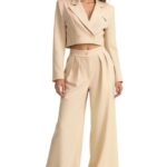 Costum office Marcella, cu sacou structurat si pantaloni evazati, Bej, Marime S/M