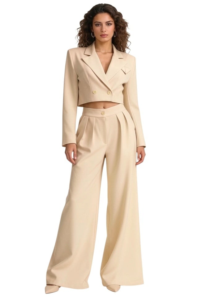 costum-office-marcella-cu-sacou-structurat-si-pantaloni-evazati-bej101664016 Costum office Marcella, cu sacou structurat si pantaloni evazati, Bej, Marime S/M - imagine 1
