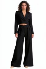 Costum office Marcella, cu sacou structurat si pantaloni evazati, Negru, Marime S/M