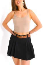 Fusta pantaloni Garby, cu pense simetrice si curea, Negru - imagine 2