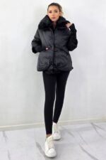 Geaca bomber, maneca tricot, NERRO, cu colturi rotunjite si guler imblanit, Negru
