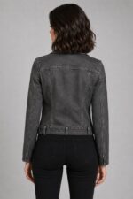 Geaca scurta TREVISO, piele ecologica, cu buzunare si curea decorativa, Gri - imagine 2