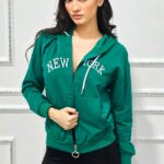 Hanorac dama AMYR in New York, cu bumbac si inchidere fermoar, Verde