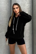 Hanorac de dama MYKA, vatuit, cu gluga si buzunar oversize, Negru