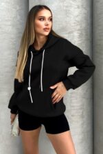 Hanorac de dama MYKA, vatuit, cu gluga si buzunar oversize, Negru - imagine 2