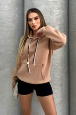 Hanorac vatuit cu gluga MYKA, cu snur bicolor si buzunar oversize, Bej - imagine 2