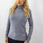 Helanca office din casmir si lana, PATY Roll, cu guler rulat, Gri, Marime S/M