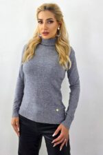 Helanca office din casmir si lana, PATY Roll, cu guler rulat, Gri, Marime S/M