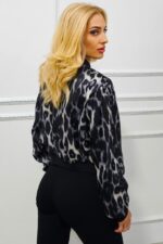 Jacheta bomber leopard print Shayen, cu inchidere de tip fermoar, Negru, Marime S/M - imagine 2