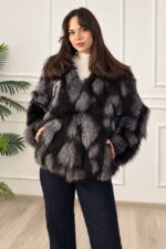 Jacheta din blana naturala de vulpe FELYNA, cu inchidere metalica, Negru/Gri, Marime S/M/L
