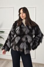 Jacheta din blana naturala de vulpe FELYNA, cu inchidere metalica, Negru/Gri, Marime S/M/L - imagine 2