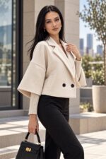 Jacheta scurta SELYA, cu stofa texturata si maneci tricotate, Crem, Marime S/M - imagine 2