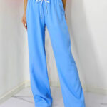 Pantaloni casual ALEF, croiala wide leg si snur in talie, Albastru baby blue, Masura S/M/L