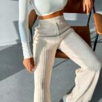 Pantaloni casual AZIZ, croiala lejera cu banda elastica in talie, Crem