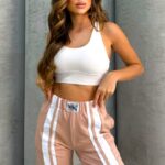 Pantaloni casual de dama ThinK Deep, cu dungi si croi usor evazat, Bej