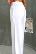 Pantaloni casual HIKE , cu cristale aplicate si croiala wide leg, Alb - imagine 2