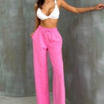 Pantaloni casual HIKE Glow, cu aplicatii tip strasuri si snur in talie, Roz