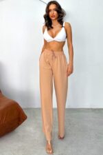 Pantaloni casual HIKE Glow, cu aplicatii tip strasuri si snur in talie, Bej