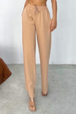 Pantaloni casual HIKE Glow, cu aplicatii tip strasuri si snur in talie, Bej - imagine 2