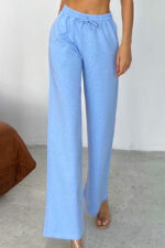 Pantaloni casual HIKE Glow, cu aplicatii tip strasuri si snur in talie, Albastru baby blue - imagine 2