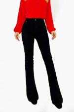 Pantaloni casual Kasian, evazati, cu efect de push up si buzunare laterale, Negru