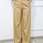 Pantaloni casual Kimchi, croiala larga si banda contrastanta, doua nuante, Bej, Marime S/M