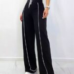 Pantaloni casual MODAL, croiala wide leg cu pensa si dungi, Negru