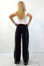 Pantaloni casual MODAL, croiala wide leg cu pensa si dungi, Negru - imagine 2