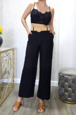 Pantaloni casual SAFYA, material vaporos si curea inclusa, Negru, Marime S/M