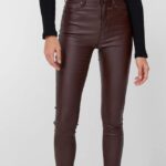 Pantaloni Dallas, din piele ecologica, cu talie inalta si push-up, Bordo