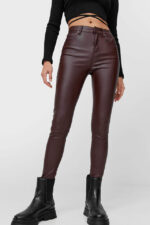 Pantaloni Dallas, din piele ecologica, cu talie inalta si push-up, Bordo - imagine 2