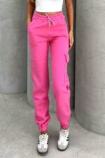 Pantaloni de dama vatuiti PocKetRUN, cu snur in talie, Roz - imagine 2