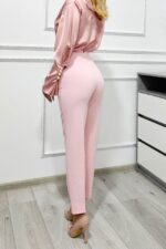 Pantaloni eleganti, ChicMe, croiala conica si buzunare decorative, Roz pastel - imagine 2