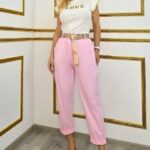 Pantaloni eleganti cu bumbac YASMIN, talie elastica si curea, Roz, Marime S/M
