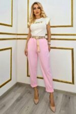 Pantaloni eleganti cu bumbac YASMIN, talie elastica si curea, Roz, Marime S/M