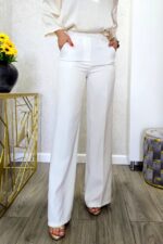 Pantaloni eleganti de dama HENZA Large, cu nasture asimetric si buzunare, ALB