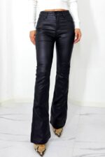 Pantaloni evazati cu push-up Roger, din piele ecologica, cu buzunare, Negru