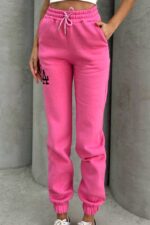 Pantaloni gro?i sport Laurel, captuseala vatuita si snur, Roz - imagine 2