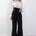 Pantaloni lungi, croi evazat Liora, cu inchidere wrap metalica, Negru