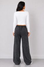 Pantaloni lungi cu aspect catifea Valentinea, cu imprimeu si banda elastica, Negru - imagine 2