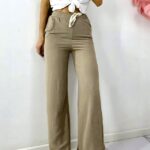 Pantaloni lungi dama, MERON, cu bumbac si banda elastica, BEJ