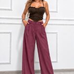Pantaloni lungi office CELISA, cu pense si cristale, Magenta, Marime S/M