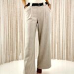 Pantaloni lungi si curea textila PERSEA, croi wide leg, Crem