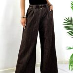 Pantaloni lungi si curea textila PERSEA, cu pense, Maro