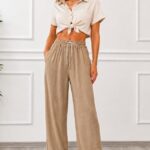 Pantaloni lungi, texturati Marietta, cu snur in talie, Bej