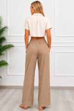 Pantaloni lungi, texturati Marietta, cu snur in talie, Bej - imagine 2