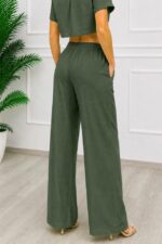 Pantaloni lungi, texturati Marietta, cu snur in talie, Verde - imagine 2