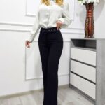 Pantaloni office VELLAR, croiala slim evazat si curea asortata, Negru