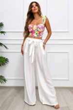 Pantaloni palazzo Nayana, cu banda elastica si cordon, ALB, Marime S/M/L